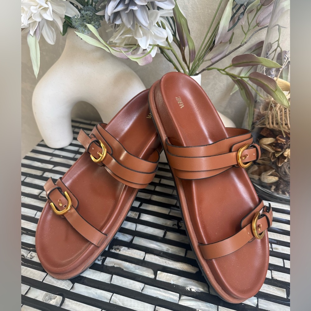 Zara Tan Leather Double-Strap Slide Sandals with Gold Buckles